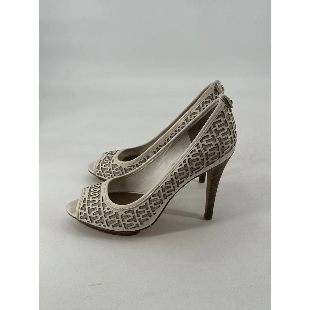 TORY BURCH‎ REGAN LEATHER WHITE OFF HEEL PUMP OPEN TOE SIZE 10.5